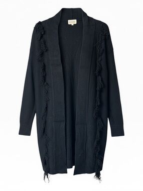 Oversized Black Open-Front Fringe Trim Sweater Cardigan